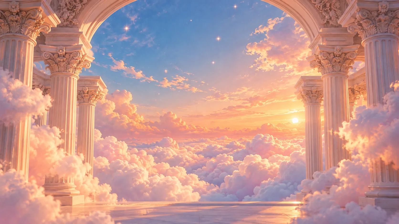 Neoclassical portal view overlooking morning pastel cloudscape